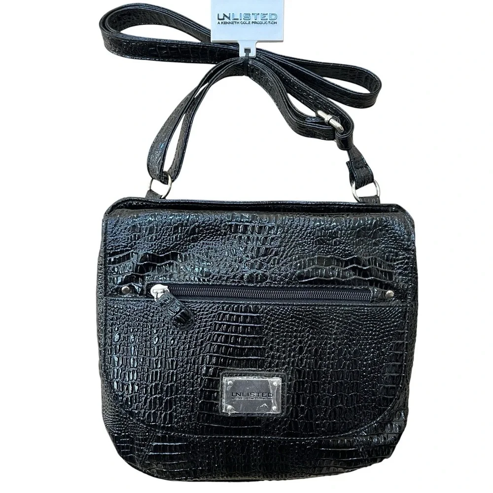 Kenneth Cole Unlisted Womens Black Faux Leather Handbag Shoulder Bag Purse New